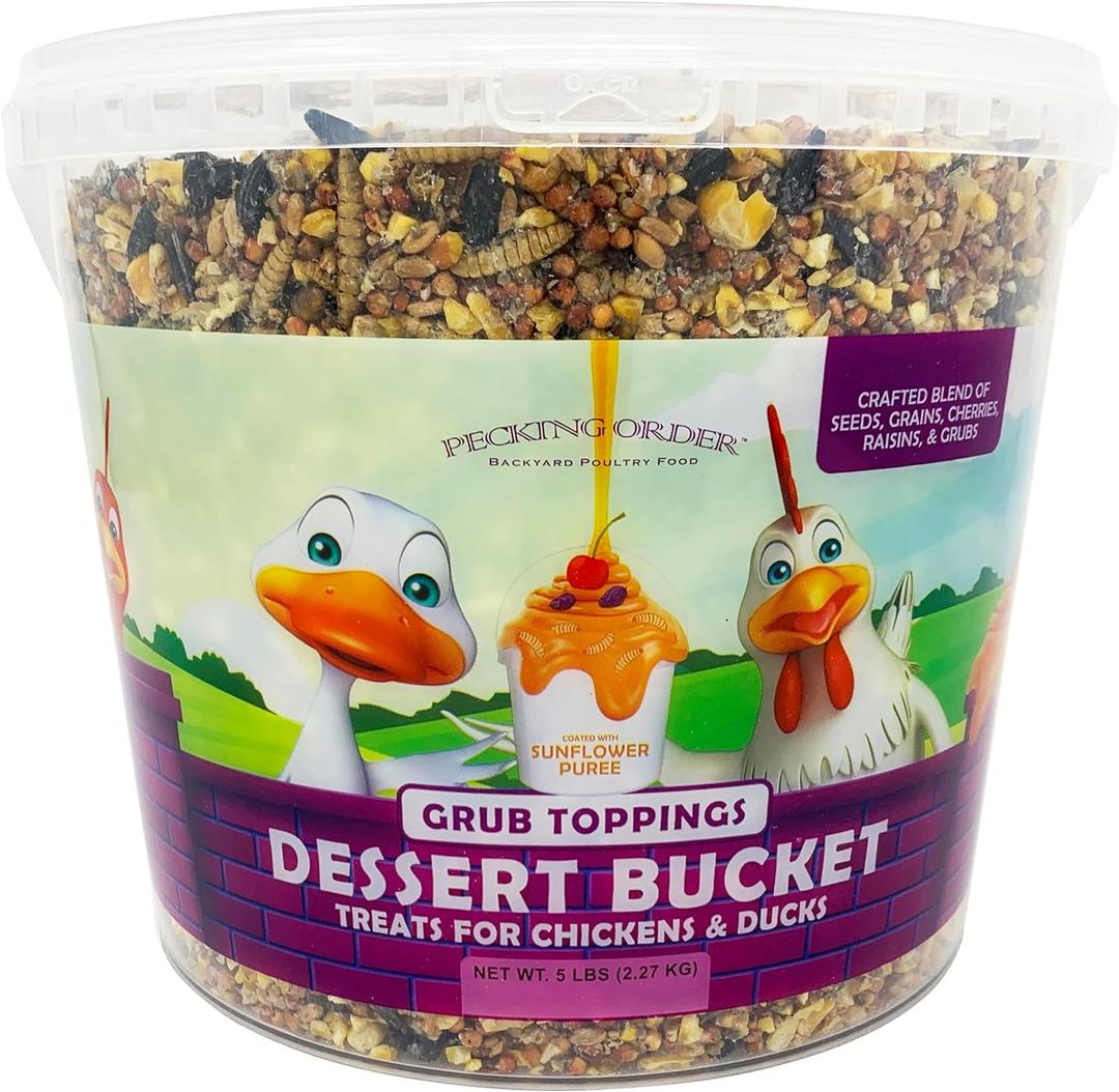 Pecking Order Dessert Bucket Grub Toppings (5 LB) Treat for Chickens Inside Bucket with Handle and Treat Scoop