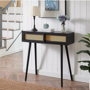 Hotraffy Rattan Console Table, Boho Entryway Tables, Vanity Desk, Rattan Dresser, Farmhouse Wood Sofa Table Behind The Couch, Modern Narrow Side Table for Hallway, Living Room, Foyer, 31", Black