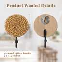 Colingmill 4 Pcs Boho Rattan Wall Towel Hooks Decorative Woven Hanging Holder Farmhouse Coat Rack Hooks Wood Coat Rack Wall Mount Vintage Decorative Hook for Hanging Coats(Round)