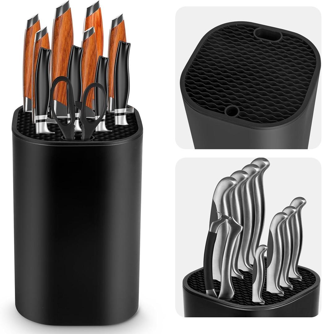 Ninonly Knife Block Without Knives 2 in 1 Universal Square Knife Holder for Kitchen with Scissors Slot Space Saving Detachable Kitchen Knife Storage (Black)