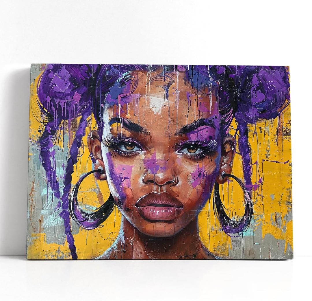 African American Teen Black Girl Wall Art Purple Hair Girl Prints Painting Picture Canvas Framed Inspirational Wall Art Decor For Living Room Kitchen Office Bathroom Bedroom Home Wall Art Wall Decor (20"L x 16"W)