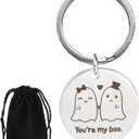 3 x Halloween Ghost Keychain, Halloween Keychain Boo Basket Stuffers for Women, Metal Spooky Gifts, With a Flannel Bag