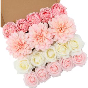 Floweroyal Pink Artificial Flowers Fake Rose Flowers Dahlia with Stems for DIY Wedding Bridal Bouquets, Baby Shower, Floral Arrangement, Table Centerpieces, Home Decorations.