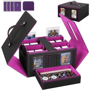 Card Deck Box for MTG with Commander Display, 5 in 1 Card Storage Box Fits 400+ Double-sleeved Cards, Deck Case for TCG Cards with Dividers, Dice Tray, Magnetic Card Holders, Black Purple