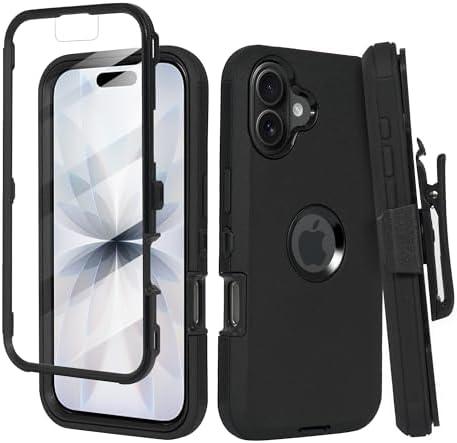 Thousandgear Compatible for Apple iPhone 16 Plus Built in Screen Protector, Belt Clip Holster Heavy Duty Defender Case Dustproof Shockproof Protection (Black)