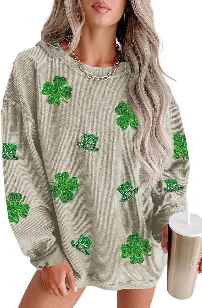 Deer Lady 2026 Mardi Gras Sweatshirt Women Sequin Long sleeve Casual Pullover Tops Oversized Crewneck Tee (Black, L)