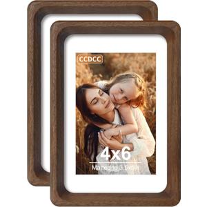 4x6 Picture Frame Set of 2, Natural Walnut Wood Solid Wood 4 by 6 Photo Frames with 3.5x5 Mat with Real Glass for Wall and Tabletop Display