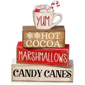 4 Pcs Wooden Christmas Tabletop Decor Hot Cocoa Tiered Tray Decor Rustic Wood Hot Cocoa Block Sign Gift Merry Christmas Centerpiece Farmhouse Winter Table Decoration