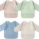 POIKSHARK 4 Pack Long Sleeve Bib, Reusable Bib with Catch-all Pocket, Waterproof Sleeved Smock for 6-30 Months Baby Boy or Girl - Blue