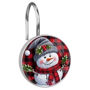 Cute Snowmen Shower Curtain Hooks, 12 Pcs Christmas Snowman Rust Proof Glass Surface Stainless Steel Curtain Rings for Bathroom Bedroom Living Room Kitchen Home Shower Rods Decor