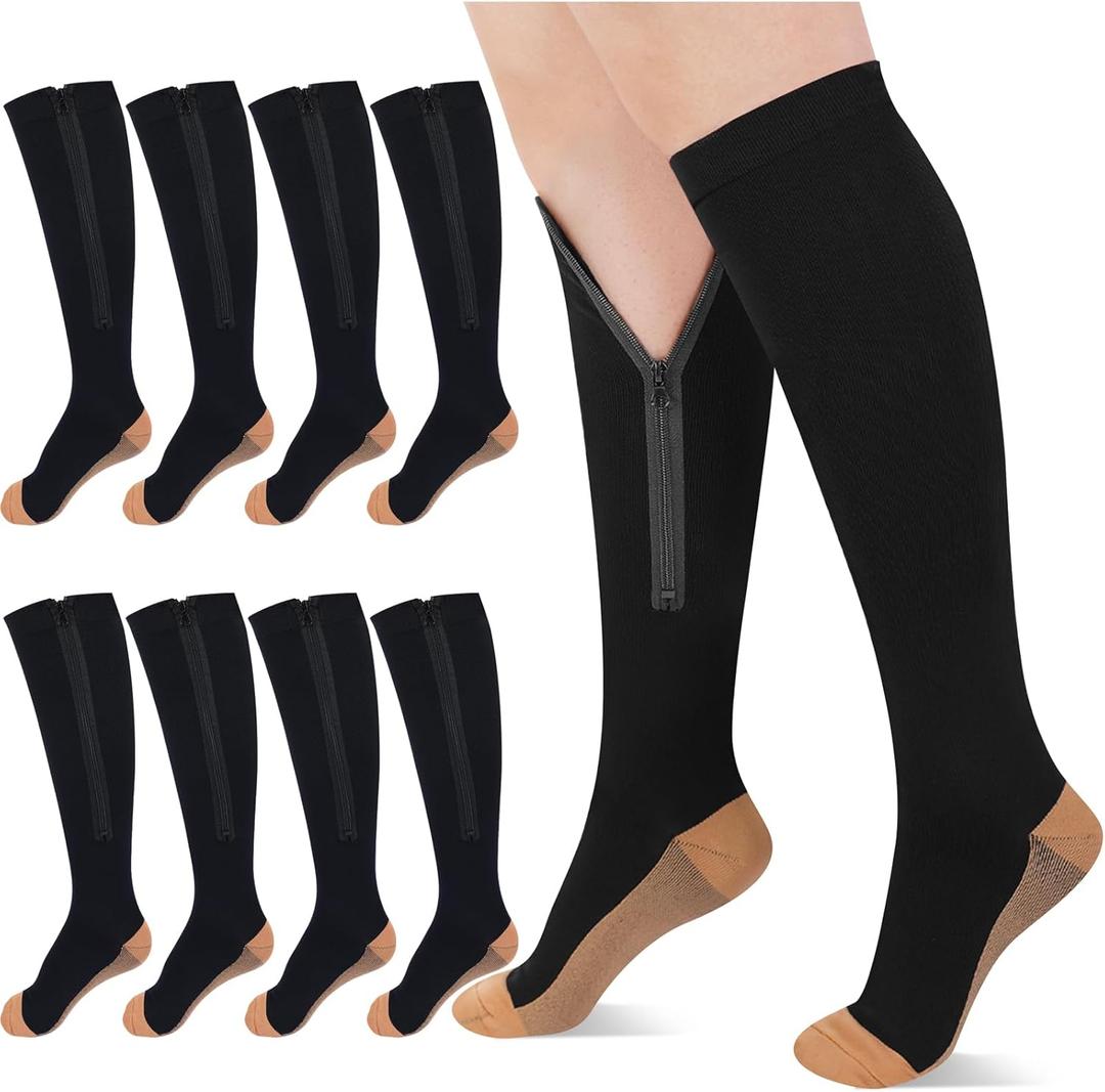 Tarpop 4 Pair Zipper Compression Socks Closed Toe 20-30 Mmhg Calf Knee High Compression Stocking for Men Women Swelling Edema (Large / X-Large, Yin-yang Pattern)
