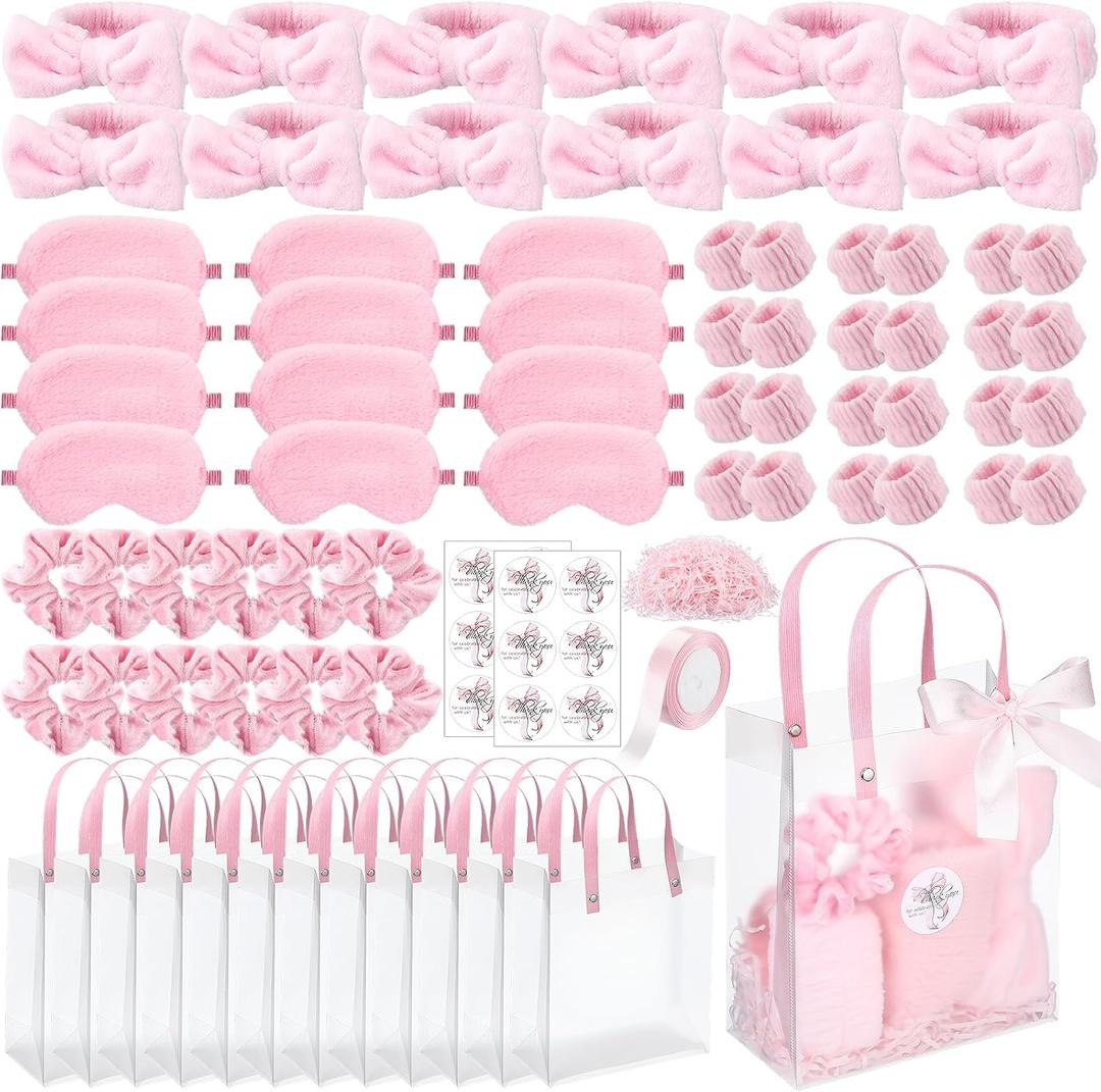 Suncalla 76 Pcs Spa Sleepover Party Supplies, 12 Pink Bow Headbands, 12 Eye Masks, 12 Velvet Scrunchies, 12 Transparent Bags, 24 Wristbands, 1 Pink Ribbon for Women's Pajama Party favor