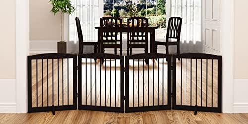 PUPETPO Freestanding Pet Gate for Dogs, Foldable Wooden Dog Gate for House, Indoor Dog Gate for Stair, Doorway, Gates for Dogs Indoor, 80 Inch Wide, 4 Panels 24", Brown