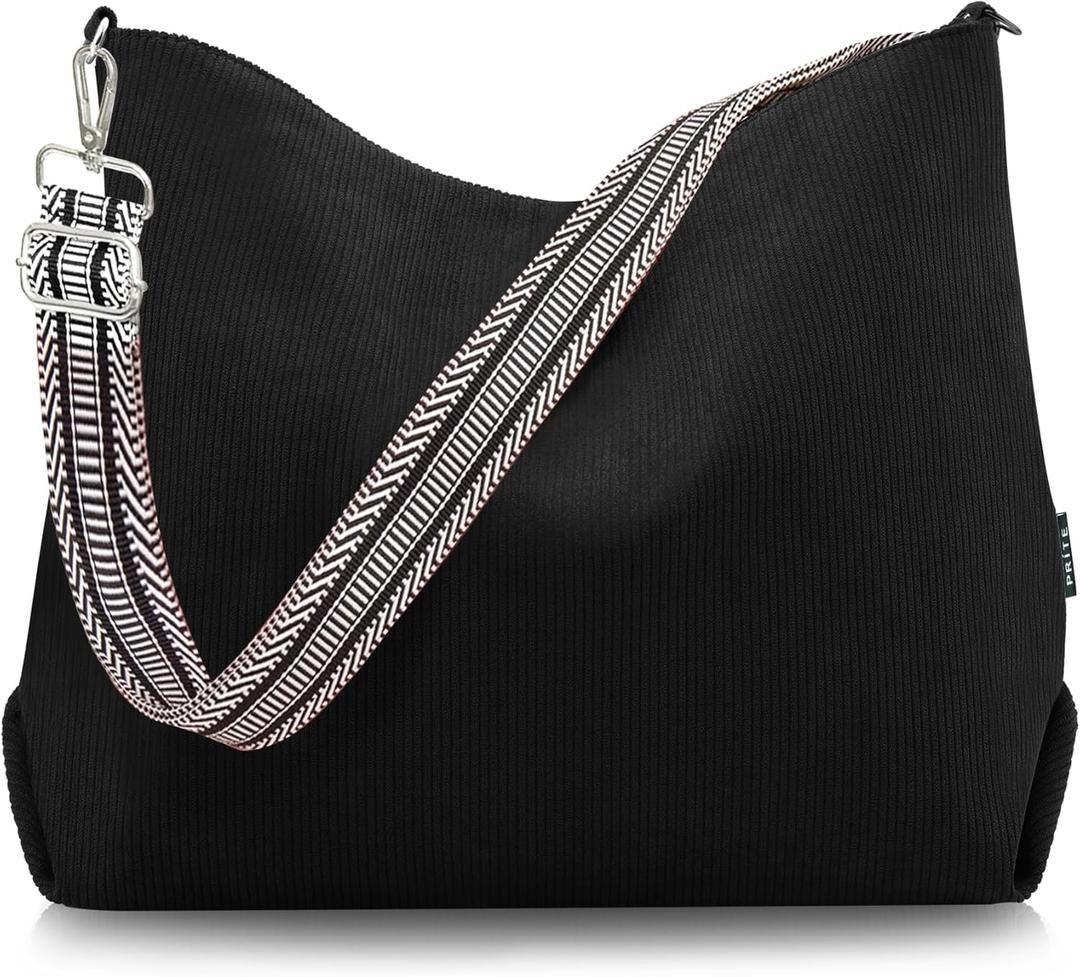 Prite Womens Corduroy Tote Bag with Zipper, Stylish Shoulder Bag with Adjustment Straps for Work, Travel, Daily Use (Black)