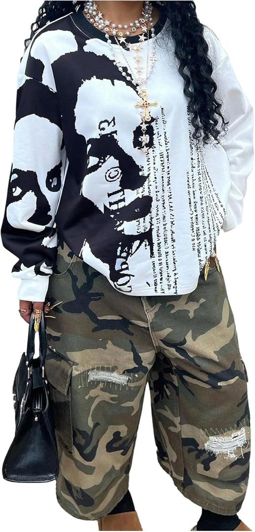 Floerns Women's Halloween Long Sleeve Sweatshirt Crewneck Fall Outfit Oversized Pullover Tops (S)