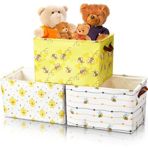 Maxcheck 3 Pcs Large Bee Basket with Handles Bee Pattern Rectangular Cube Storage Basket Fabric Foldable Storage Box Organizer Bins for Toys Books Laundry Bedroom, 15 x 11 x 9.5 Inch