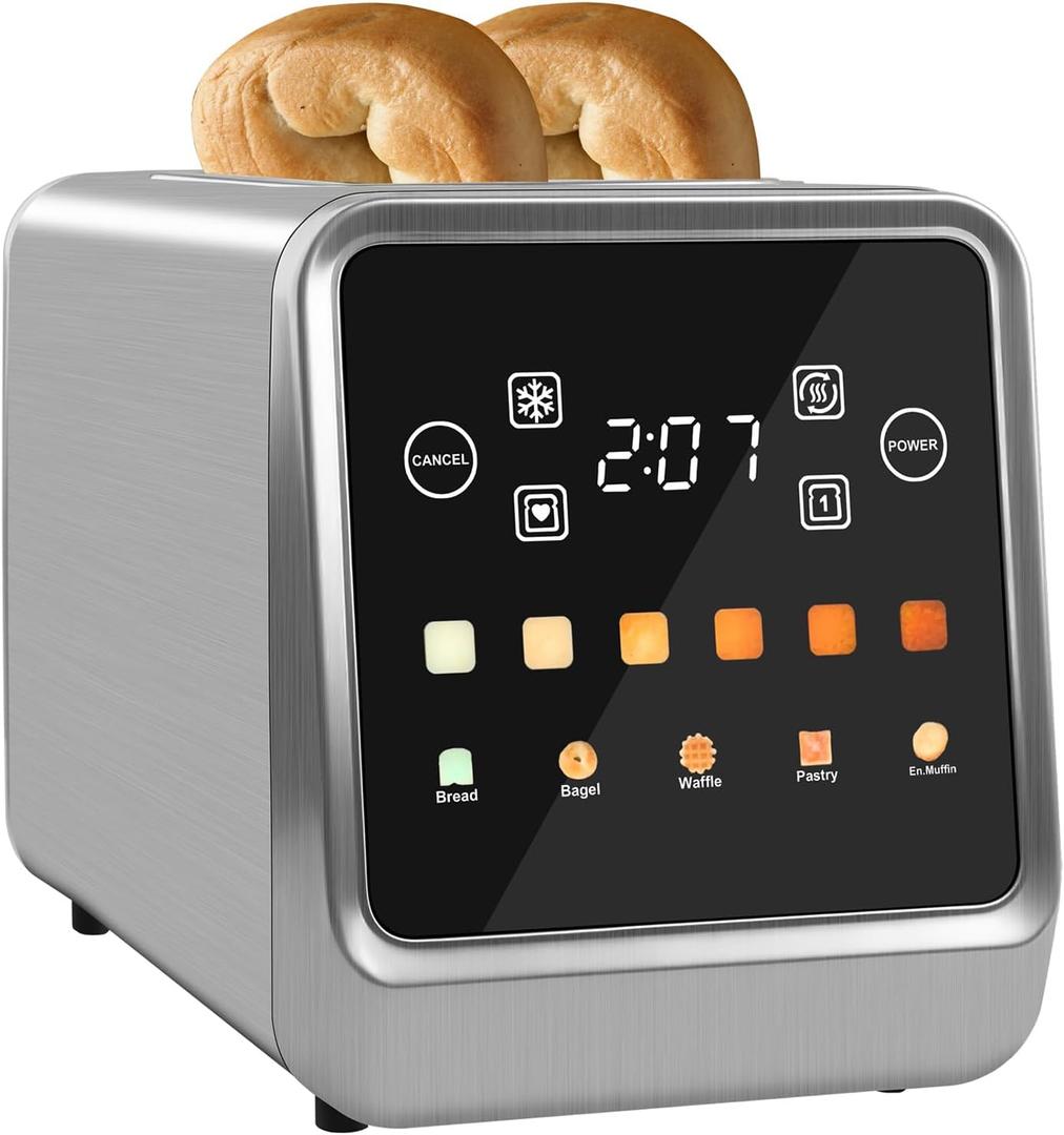 Touch Screen Toaster 2 Slice, Bagel Toaster with LCD Display, Stainless Steel Smart Digital Toasters with Single Slot Toasting,Memory Function