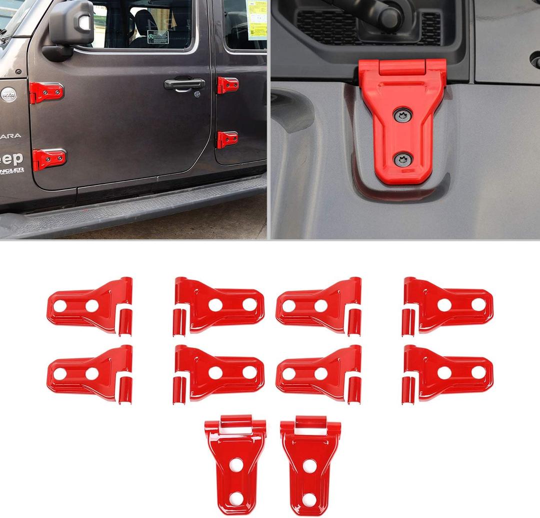 10PCS Door Hinge Cover & Hood Hinge Cover Trim Exterior Accessories for 2018-2024 Jeep Wrangler JLU Gladiator JT 4-Door (Red)