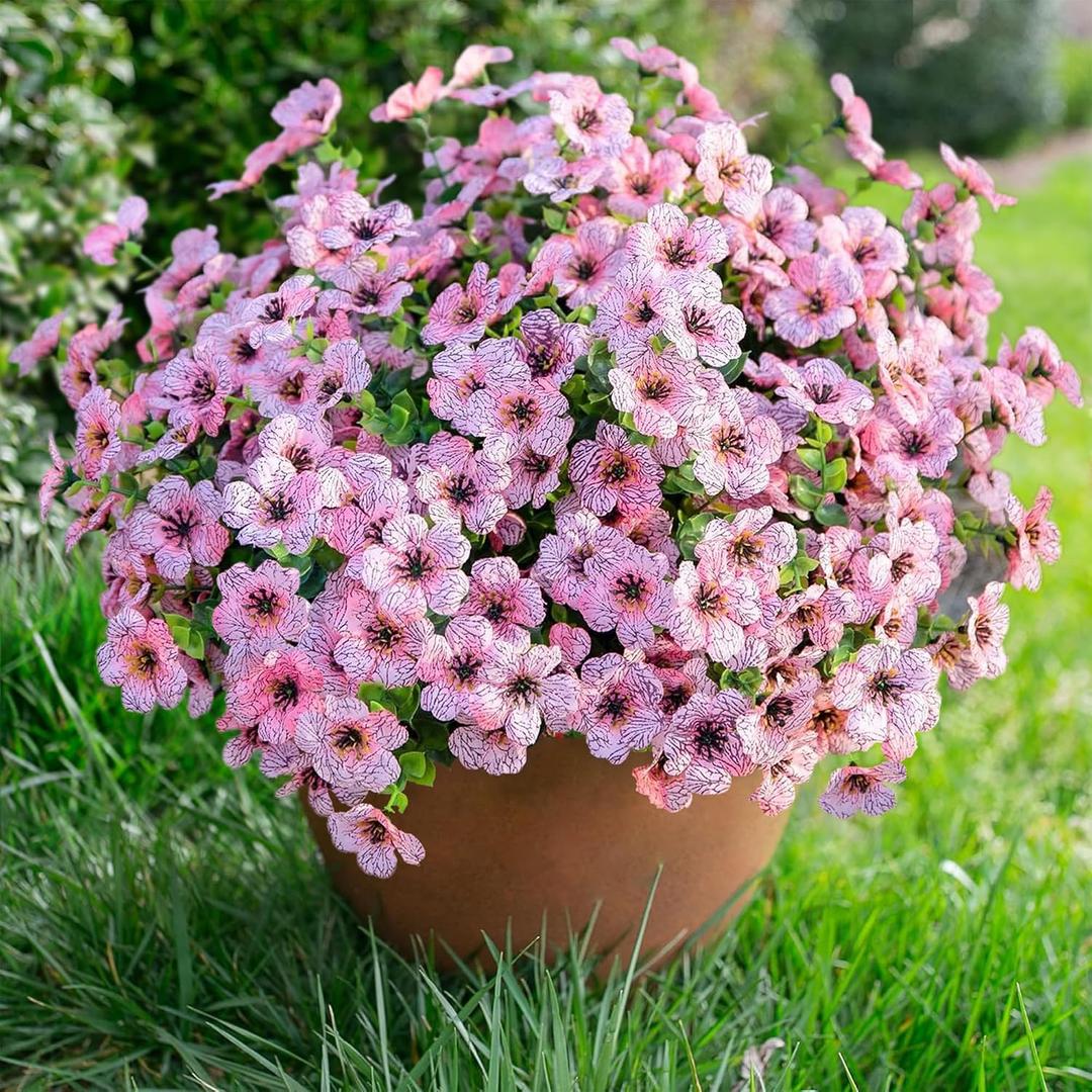 florisso Artificial Flowers for Outdoors Daisy 12 Bundles for Home Decoration, Faux Flower Fake Plants Outside Decoration with Eucalyptus UV Resistant for Planter Porch Patio Yard Garden Pink