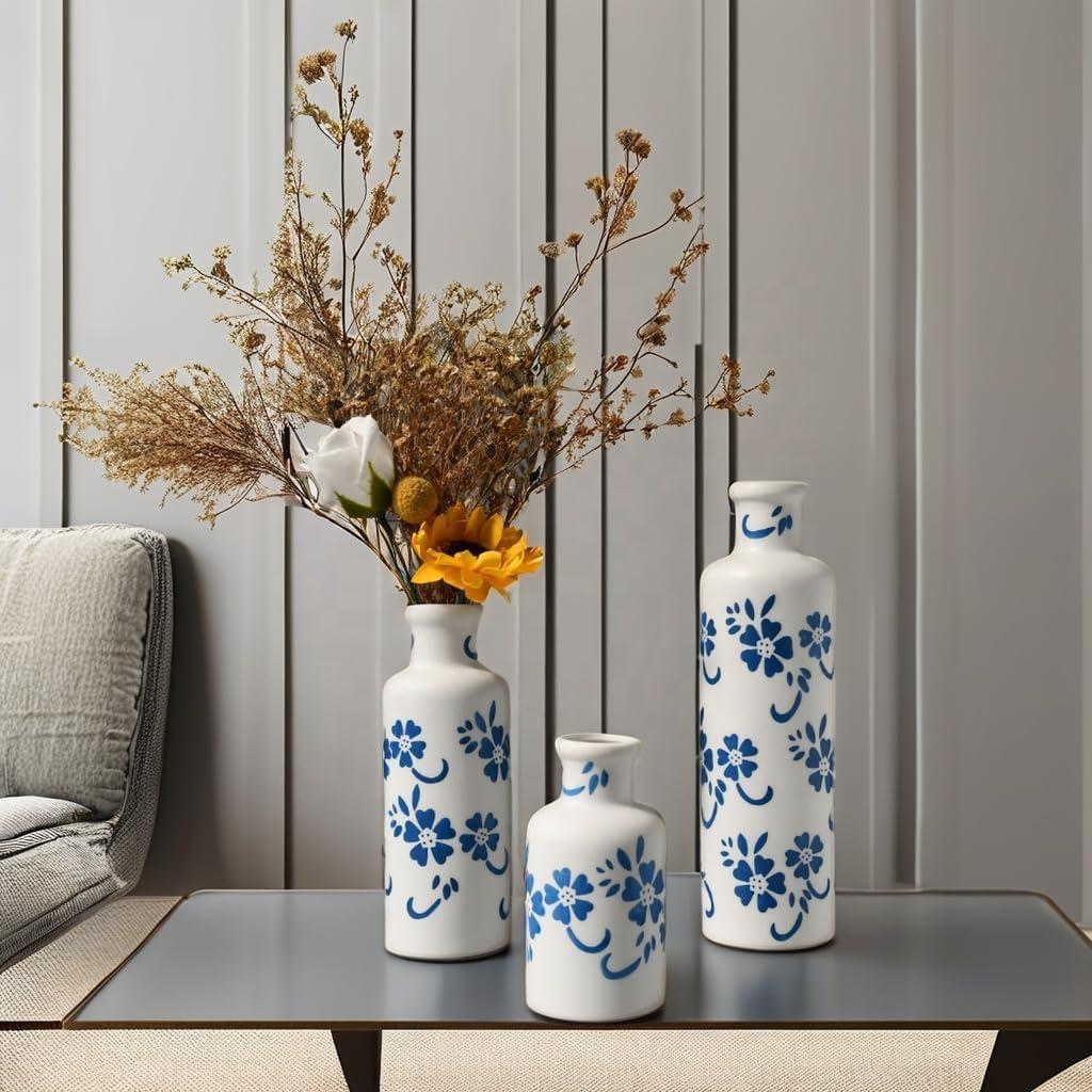 JHDACEDECO Blue and White Floral Ceramic Vase Set, 3 Pieces Small Flower vase for Home Decoration, Modern Farmhouse Decoration, Living Room,Table Shelf