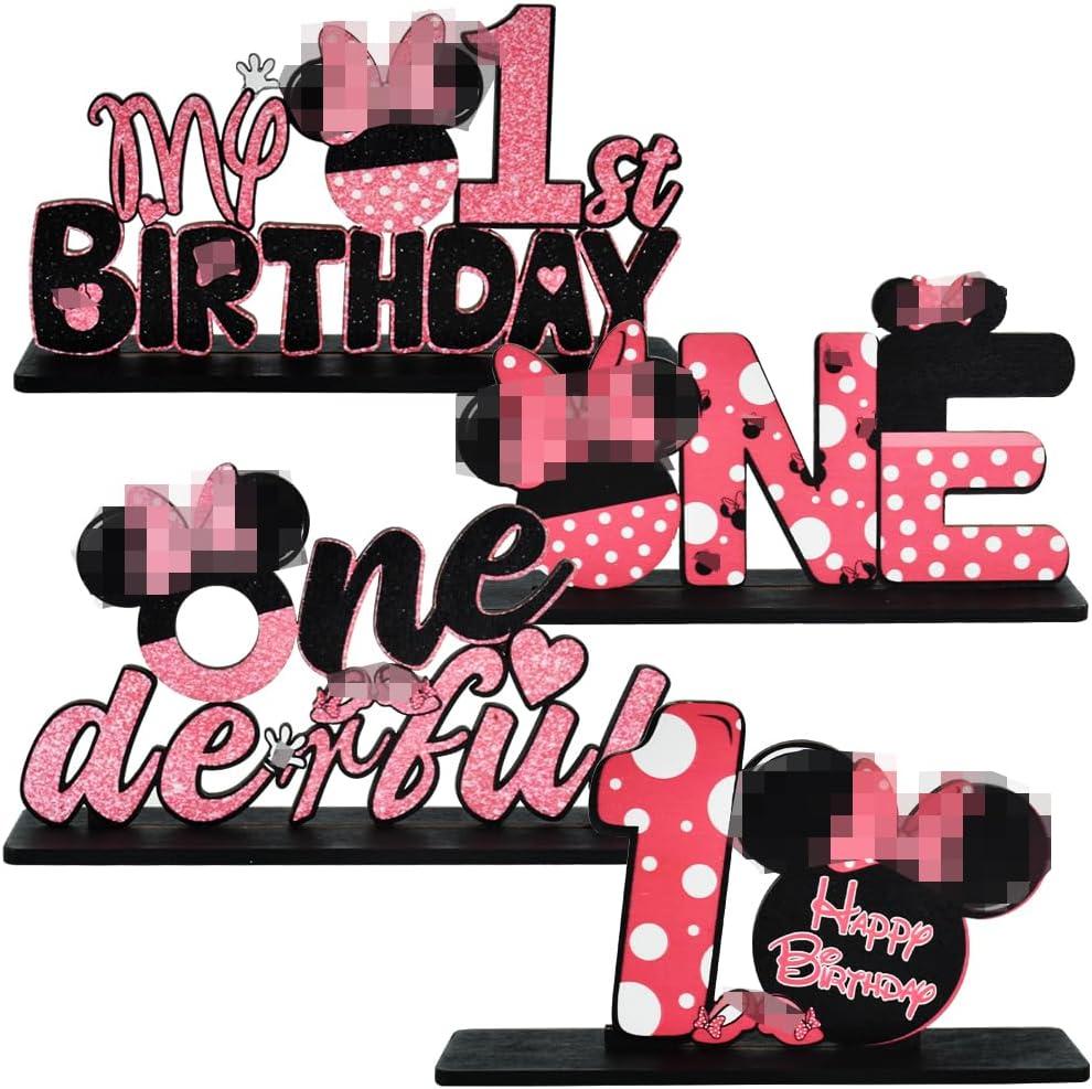 TONIFUL Pink Mouse 1st Birthday Party Supplies 1st Table Centerpieces Pink Mouse Theme Design Sturdy Wooden for Girl ONE Year Old Birthday Favors 1st Birthday Party Decorations(4 Pcs)