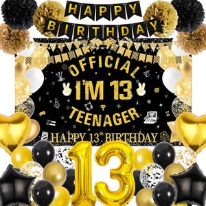 13th Birthday Decorations for Boys - Black and Gold Happy Birthday Banner Teenager Backdrop Number 13 Balloon, Latex Balloons Paper Pompoms for 13 Year Old Teen Party Supplies