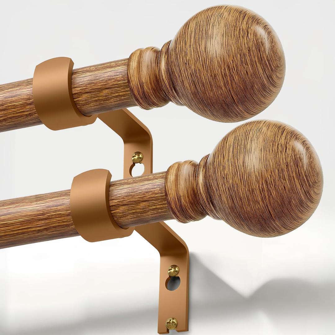 Wood Curtain Rods Set 2 Pack for Windows 48 to 84 Adjustable 1 inch Diameter Heavy Duty Window Rod Decorative Wooden Modern Boho Curtain Rods with Brackets Large Long Expandable Single Window Rod