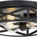 Farmhouse Cage Ceiling Light Fixtures, 3-Light Indoor Close to Ceiling Lights, 13 Inch Round Vintage Metal Flush Mount Ceiling Lights for Bedroom, Living Room, Porch Kitchen Entrance, Black