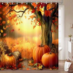 Fall Shower Curtain, Autumn Leaves Pumpkin Harvest Thanksgiving Bathroom Curtains, Halloween Cloth Fabric Bath Decor Set with Hooks, 71 x 71 Inch (Orange)