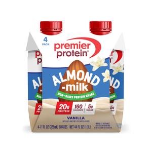Premier Protein Non-Dairy Almondmilk Protein Shake, 20g, Vanilla, 4 Pack | Plant-Based Protein, 160 Calories, 5g Sugar, Supports Muscle Health, Gluten-Free, 11 oz (EXP 02/18/27)