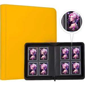 Toploader Binder, 4-Pocket Double Sided Top Loaders Binder, Holds 128 Cards in 3"x4" Toploaders, PU Leather Card Binder Abulm for Toploader Trading, Sports, and Gaming Cards (Yellow)