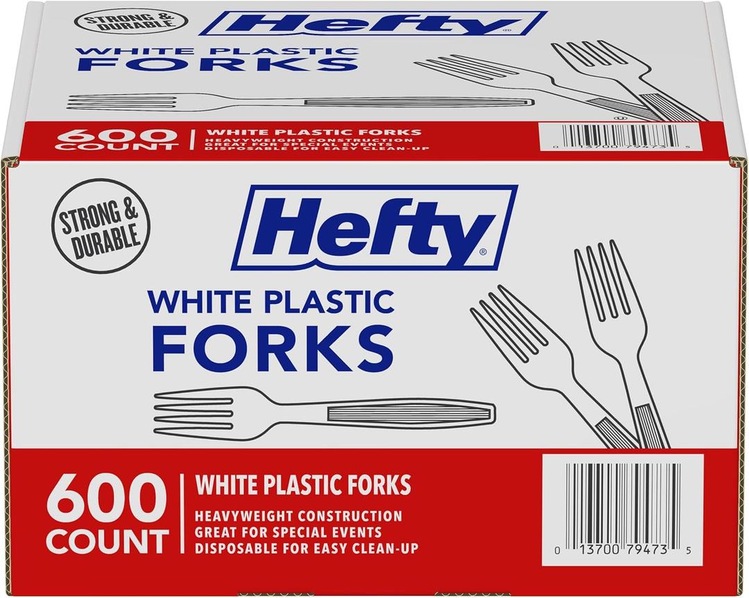 Hefty Bulk Plastic Forks, 600 Count, White Disposable Forks for Offices, Concessions Stands, Food Trucks, School Cafeterias, Catering, and More