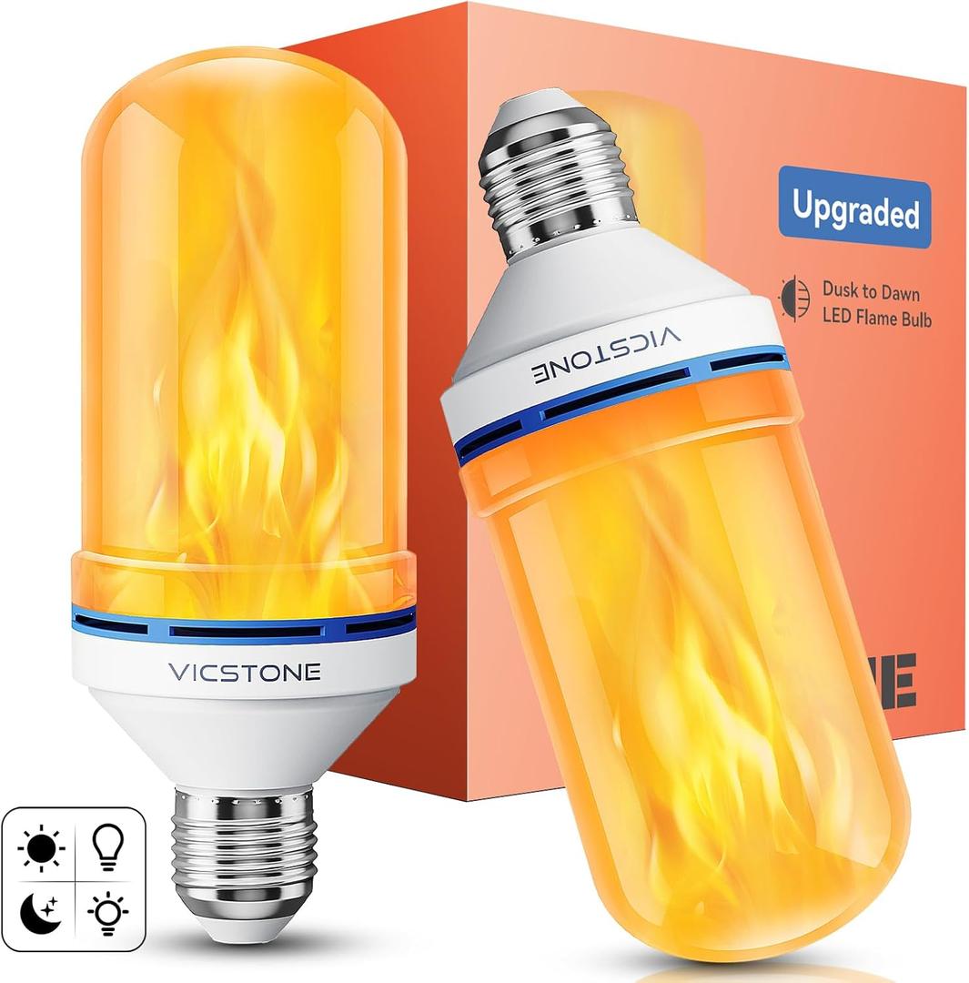 Vicstone Dusk to Dawn LED Flame Light Bulbs Outdoor, 4 Modes E26 Flickering Light Bulbs with Upside Down Effect, Fire Bulb for Halloween Christmas Patio Porch Party Home Indoor Decorations - 2