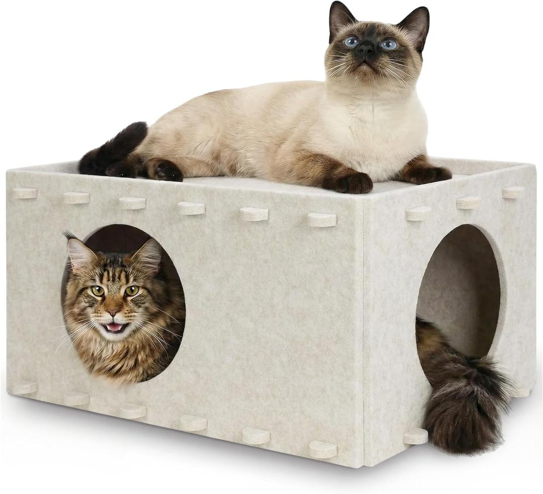 Cat House for Indoor Cats, Scratch Resistance Cat Cave Bed, Felt Peekaboo Cat Hideaway for Large & Multiple Cats Up to 22Lbs, Cream