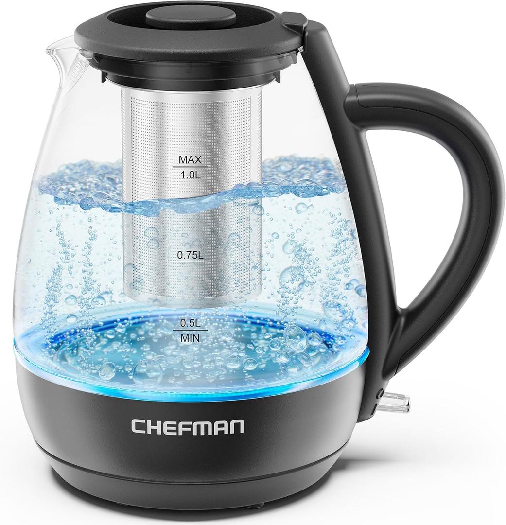 Chefman Electric Kettle with Tea Infuser, Compact 1L (4 Cups), 1500W, Removable Lid for Easy Cleaning, Boil-Dry Protection, Stainless Steel Filter, BPA Free, Auto Shut Off, Small Electric Tea Kettle (Black)