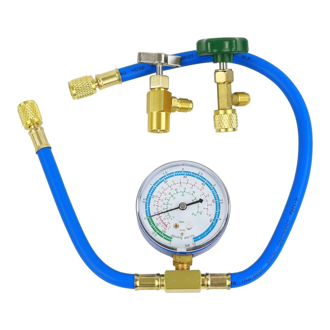 R290 and R600A Charging Hose and Gauge Set with 1/2" Acme Can Tap R290 and R600A Charging Hose and Gauge Set with 1/2" Acme Can Tap