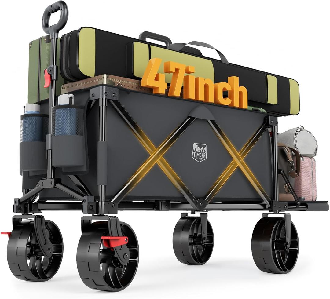 Timber Ridge 47" L Collapsible Folding Wagon with Tailgate, 300lbs Heavy Duty Beach Wagon with All-Terrain Big Wheels, 250L Foldable Utility Cart for Sand Camping Sports Shopping, Grey (Gray)