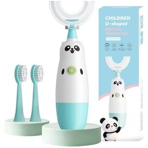 Kids U-Shaped Electric Toothbrush with 2 Brush Heads, Toddlers Sonic with 360 Degree Cleaning, Soft Bristles, Battery Included, IPX7 Waterproof, Cute cartoon for Girls and Boys, Ages 8-13 (Blue)
