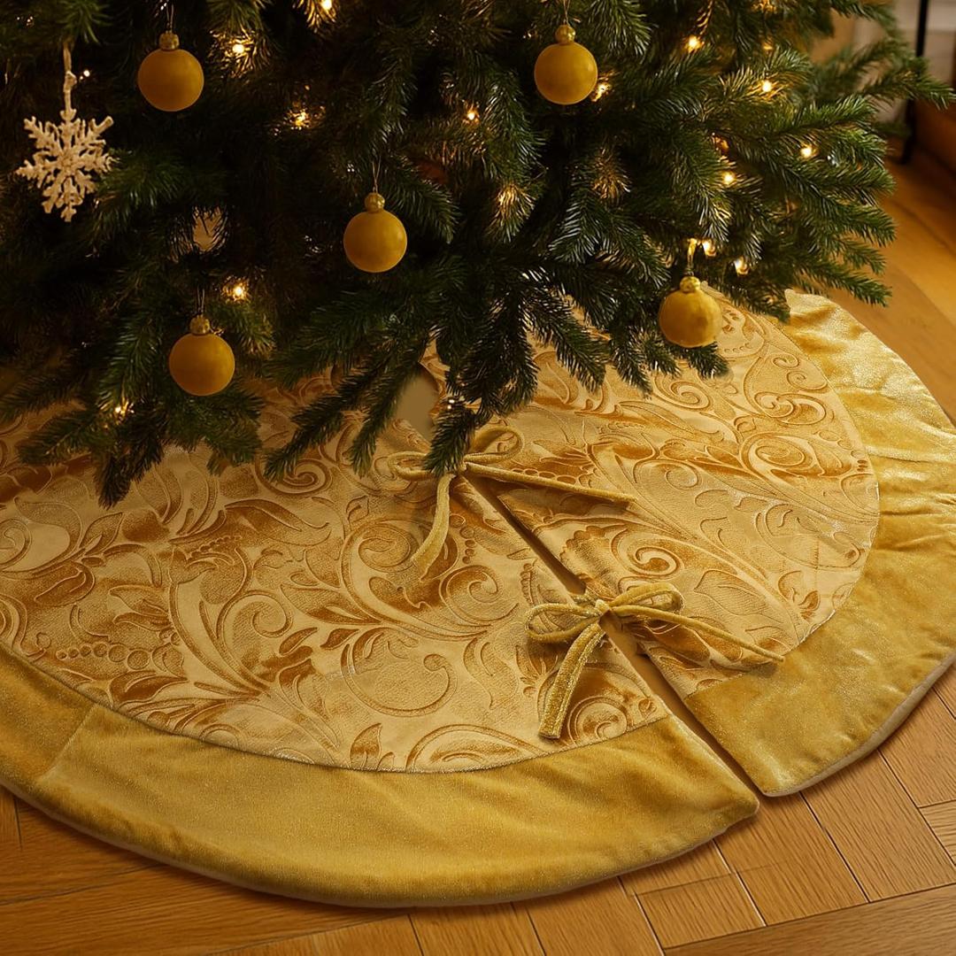Vertintong 36 Inches Velvet Christmas Tree Skirt Gold Print Fur Plush Tree Skirt Luxury Xmas Skirts for Merry Christmas Party Vintage Holiday Decorations