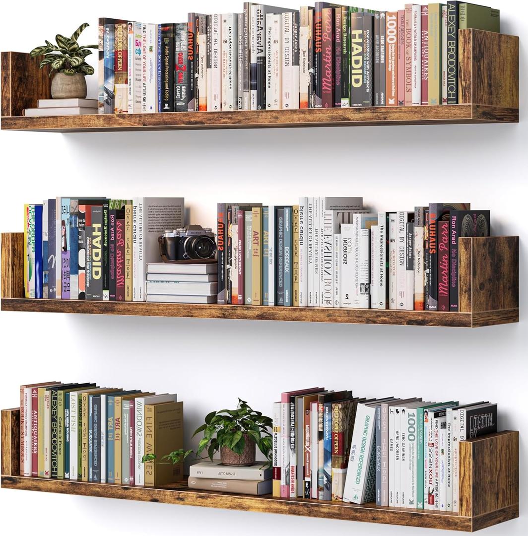 Wall Bookshelf, Set of 3, 36 Inches U Shaped Wall Shelves, Long Deep Floating Shelves, Large Floating Book Shelves - Wood Hanging Bookshelves for Kitchen, Bedroom (Rustic Brown, 36 Inches)
