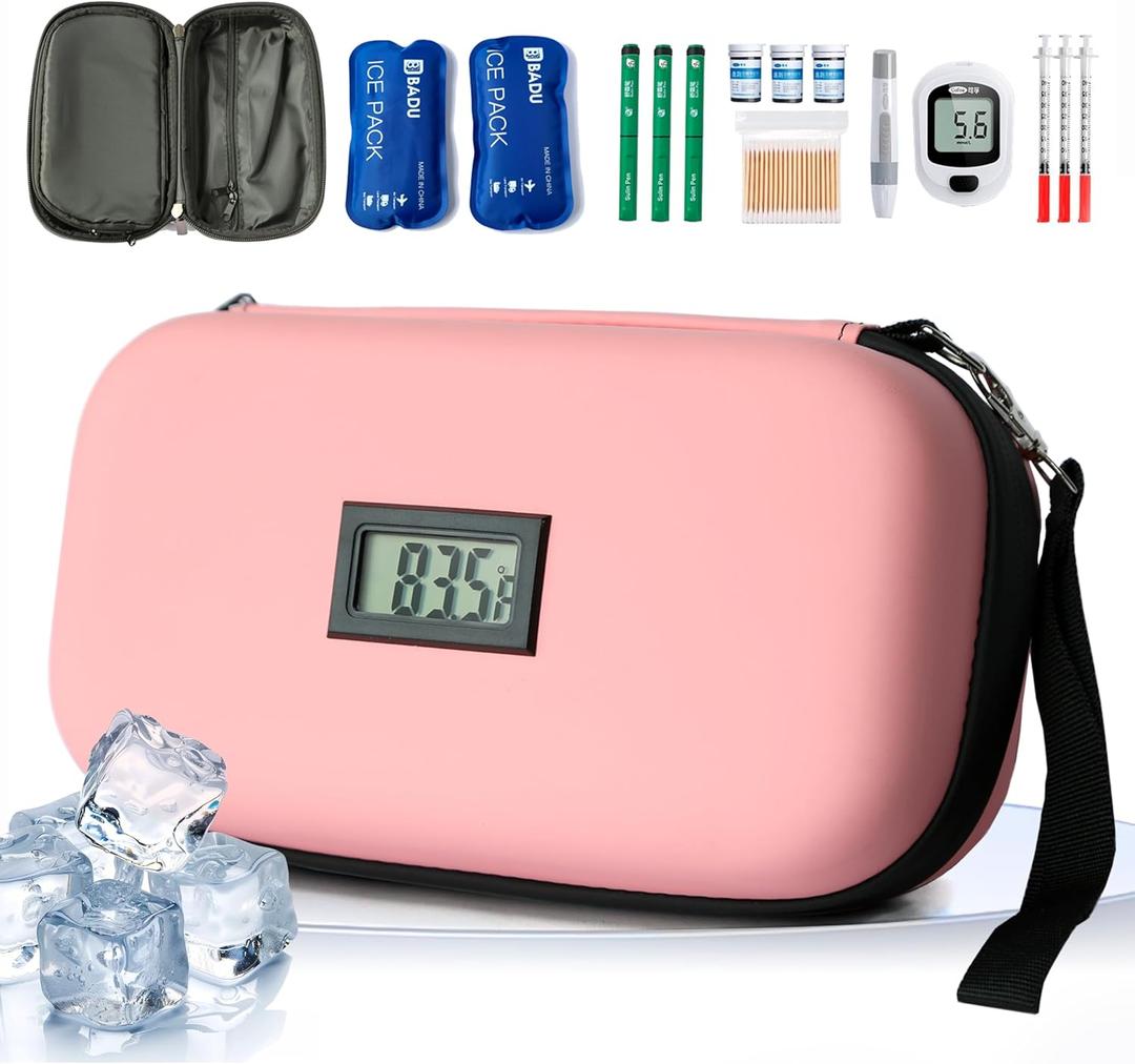 24-Hour Insulin Cooler Travel Case TSA Approved Medication Diabetic Cooler for Daily Life Trip with Thermometer Temperature Display Refrigerated Medicine Organizer Bag Includes 2 Ice Packs(Pink)