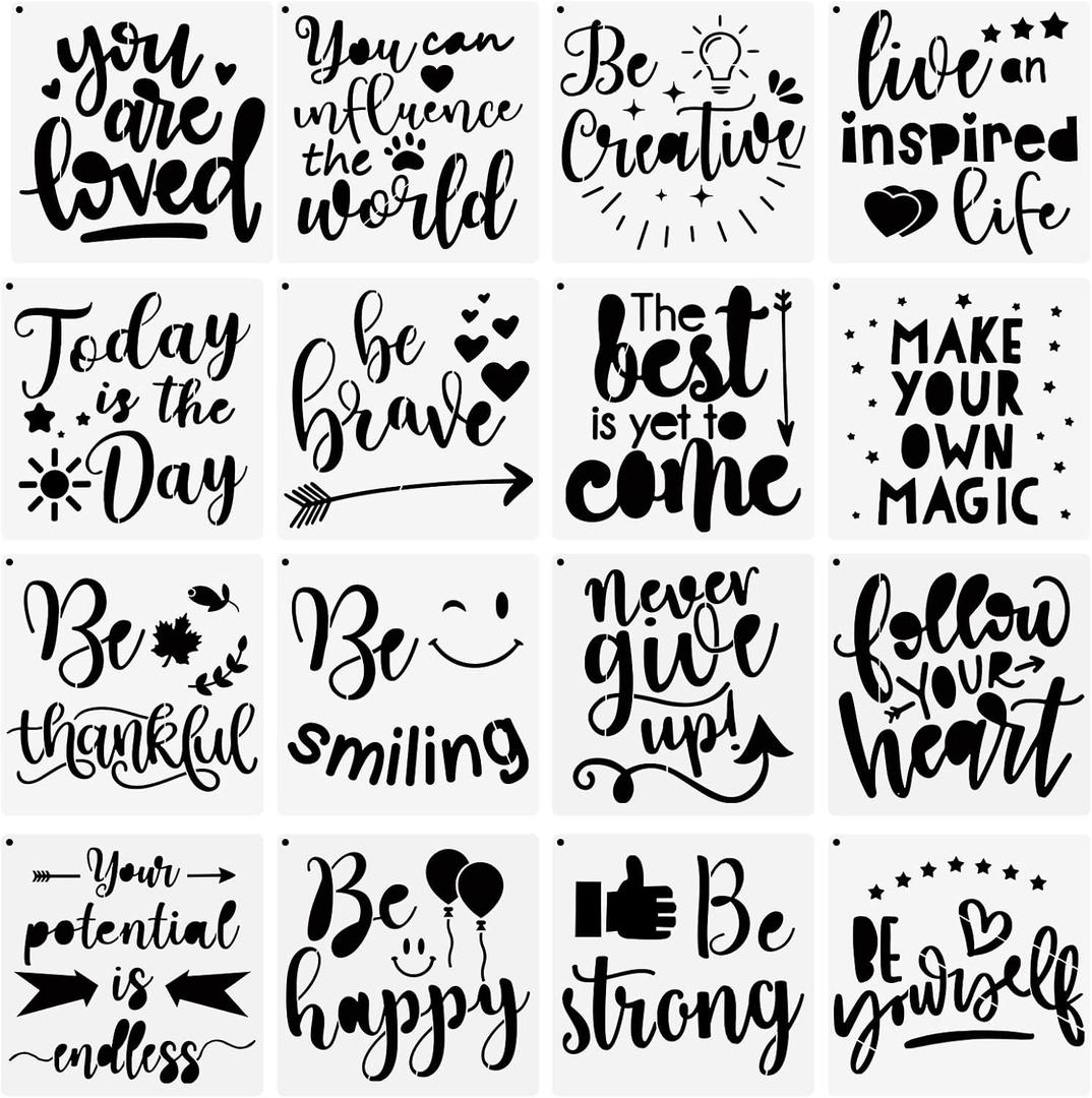 Zonon 16 Pcs Inspirational Word Stencil 7.87 Inch Motivational Quote Reusable Polyester Film Template Stencils with Open Ring for Back to School Students Crafts Painting on Wood, Drawing Wall
