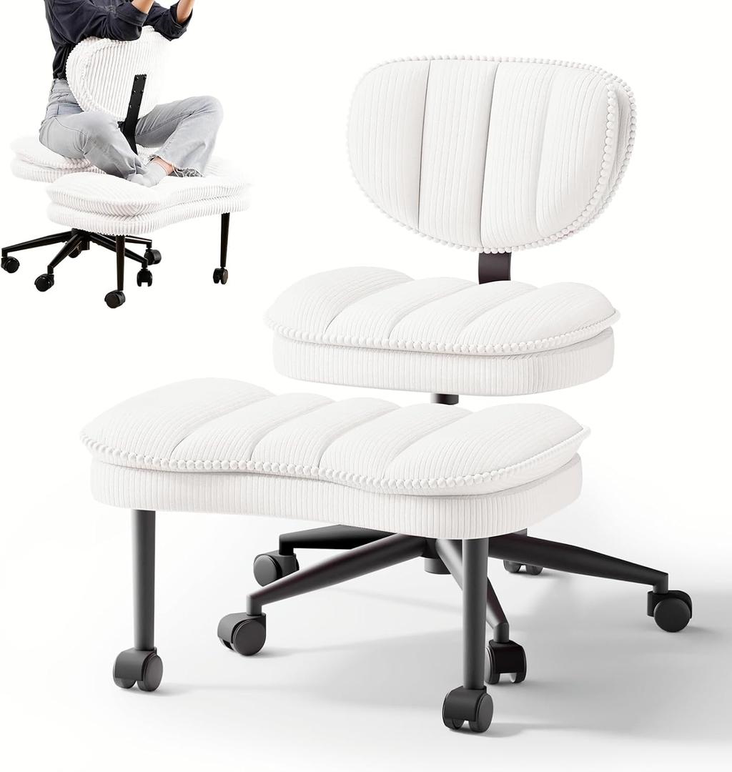 Cross Legged Office Chair, Ergonomic Cloud Criss Cross Desk Chair, Meditation Chair with Wheels, Height Adjustable Seat for ADHD, Wide Kneeling Chair with Back Support, Corduroy Fabric, White