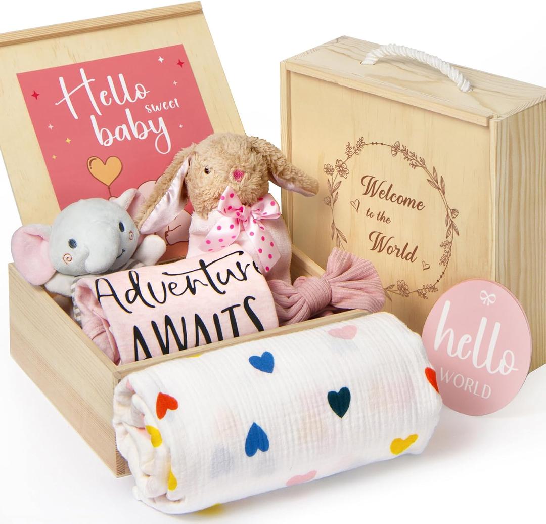 For Girls - New Born Baby Girls Gift Basket - Baby Gifts for Newborn Girl Essentials Stuff - Gender Reveal Ideas Welcome Baby Girl