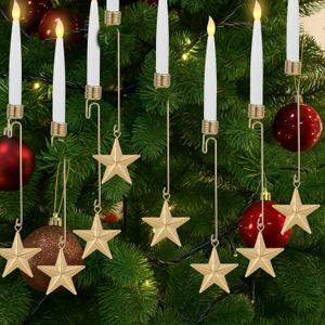 Tuanse 12 Sets Flameless Christmas Tree Candles LED Taper Candles with Crystal Ball Hook for Christmas Tree Ornament, Flickering Battery Operated Light Candlestick Xmas Wedding, No Battery (Star)