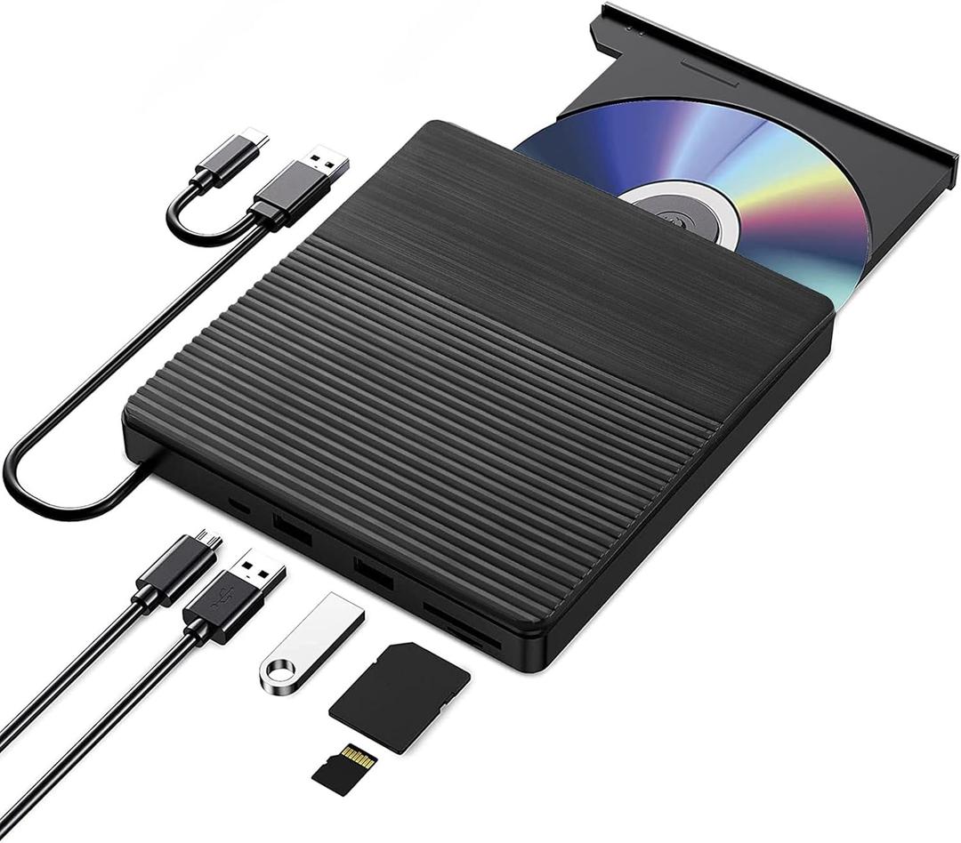 TEIMA CD DVD Drive USB C USB 3.0 CD/DVD +/-Rw Drive CD ROM Burner Reader Writer with USB/SD/TF Ports & Audio Out, Optical Disc Drive DVD Player for Laptop PC Mac MacBook Air/Pro Windows 11/10, Black
