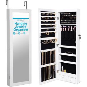 BIRDROCK HOME Hanging Jewelry Organizer - Lockable Storage Cabinet with Body Mirror & LED Lights, Door or Wall Mounted for Closet or Bedroom Dresser, Adjustable Height & Large Capacity - White