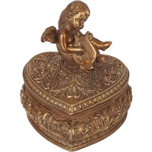 Vintage Box Antique Trinket Organizer Rings Earrings Storage Gilded Heart Shape Box With Sophisticated Floral Decor And Cherub Figurine Playing The Harp Lid Keepsake Gift (Antique Gold-Heart)