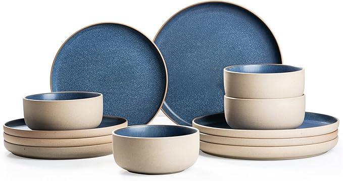 Dafuceramic 9 Pieces Dinnerware Sets,Plates and Bowls Sets,Handmade Reactive Glaze Dishes Set for 4 with at Least 10% Recycled Ceramic and the Raw Texture of the Clay (Reactive-Blue)