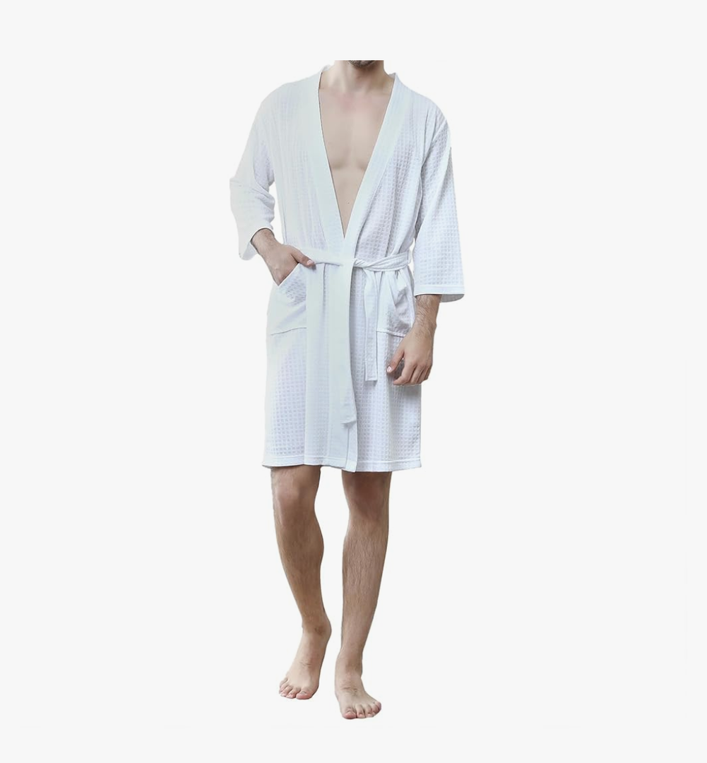 Men's Waffle Robe, Lightweight Knee Length Kimono Bathrobe, Nightgown Shower Robe for Spa, L